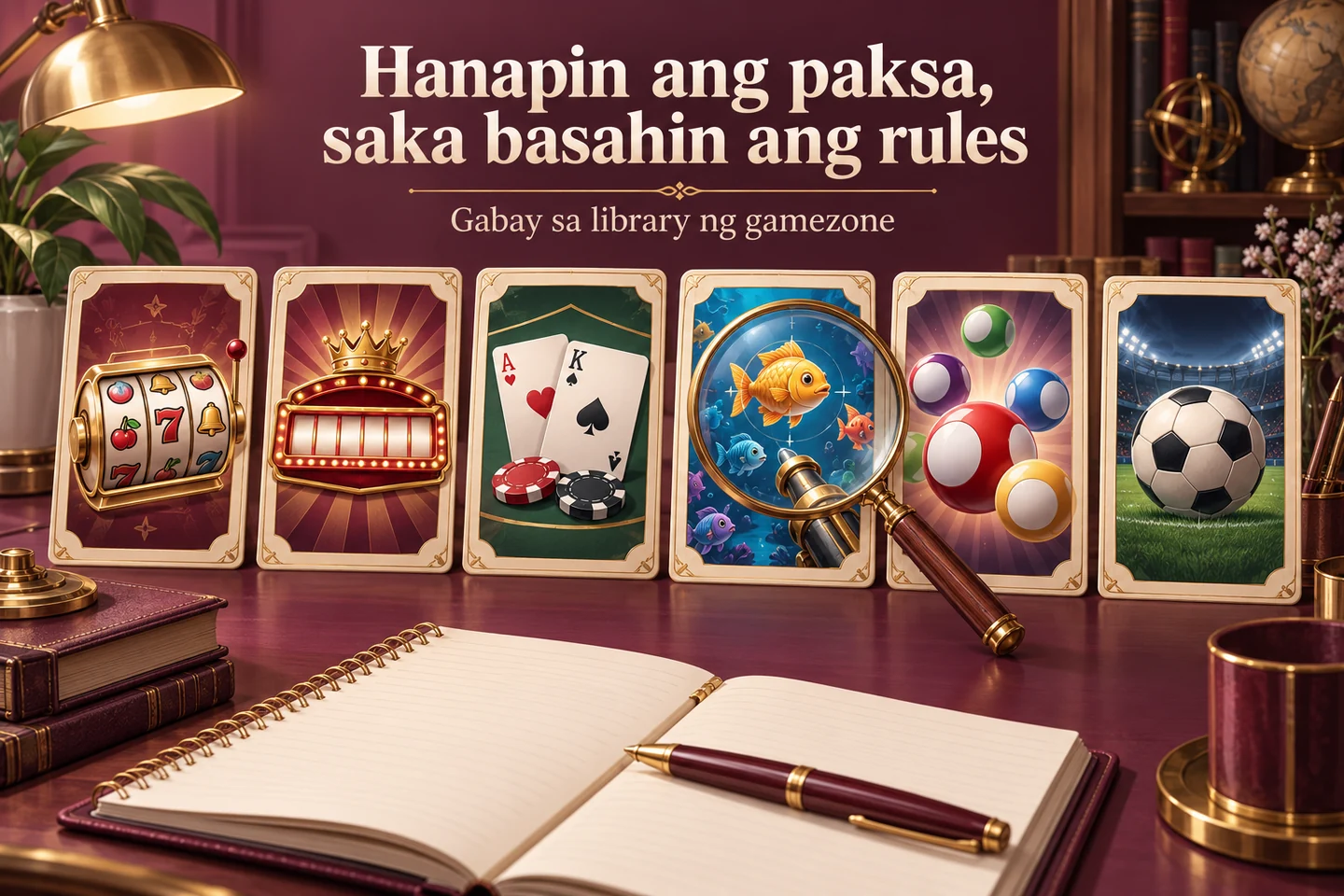 Six illustrated topic cards with slots, jackpot, live cards, fishing, lottery and football; a magnifying glass examines the fishing card.