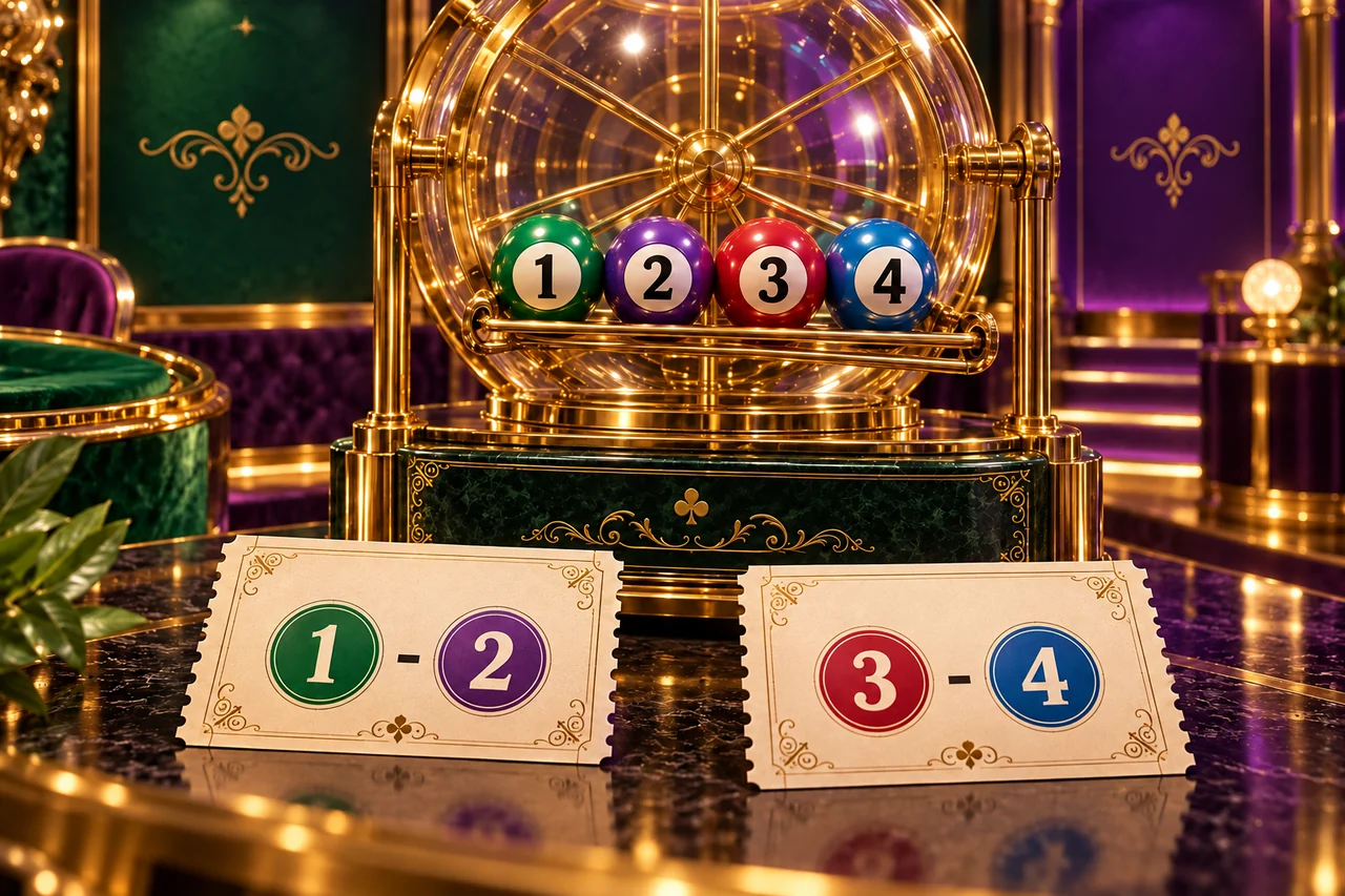 Four numbered lottery balls 1 to 4 and two distinct sample entry cards marked 1–2 and 3–4.
