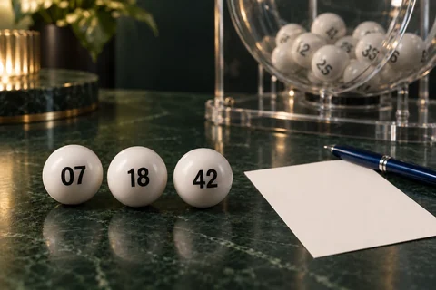 Lottery drum, sample numbered balls 07, 18 and 42, and an unfilled paper ticket.