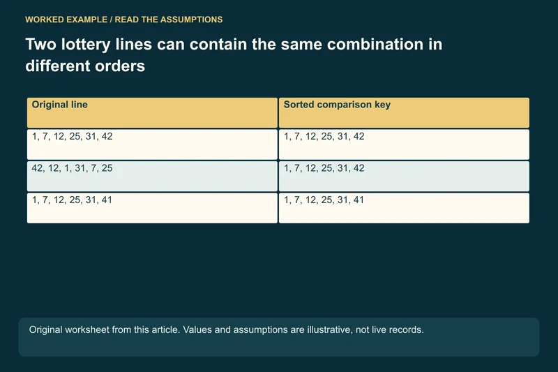 Line A and Line B: Different written order; identical sorted six-number key; Two accepted IDs: Can be two records with the same combination; One ID shown twice: May be duplicate export rows, not two purchases