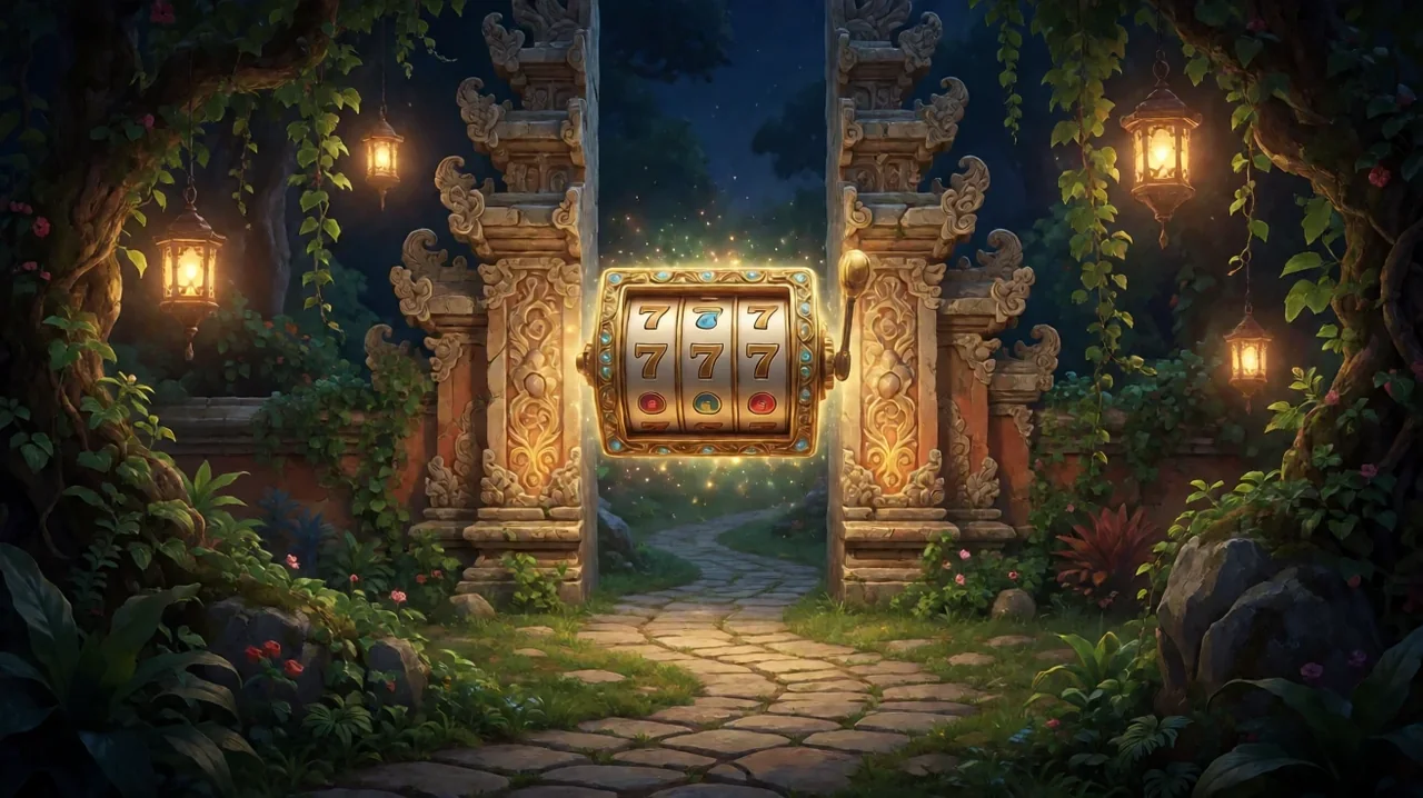 A carved stone temple gate in a misty jungle at dusk with a floating slot reel showing three gold sevens in the gateway, lanterns and a stone path