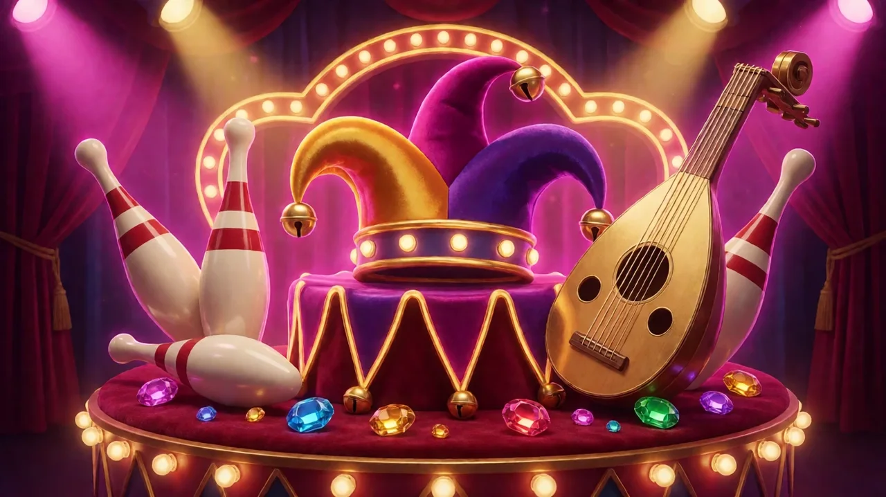 A jester hat with golden bells on a velvet stage beside a golden lute, striped juggling pins and scattered coloured gems under magenta spotlights