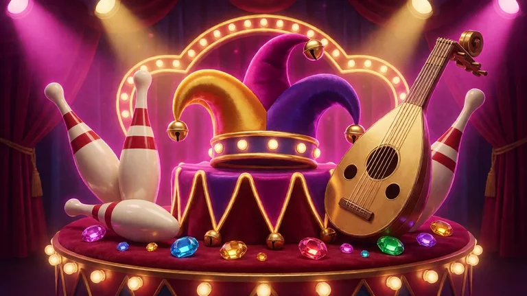 A jester hat with golden bells on a velvet stage beside a golden lute, striped juggling pins and scattered coloured gems under magenta spotlights