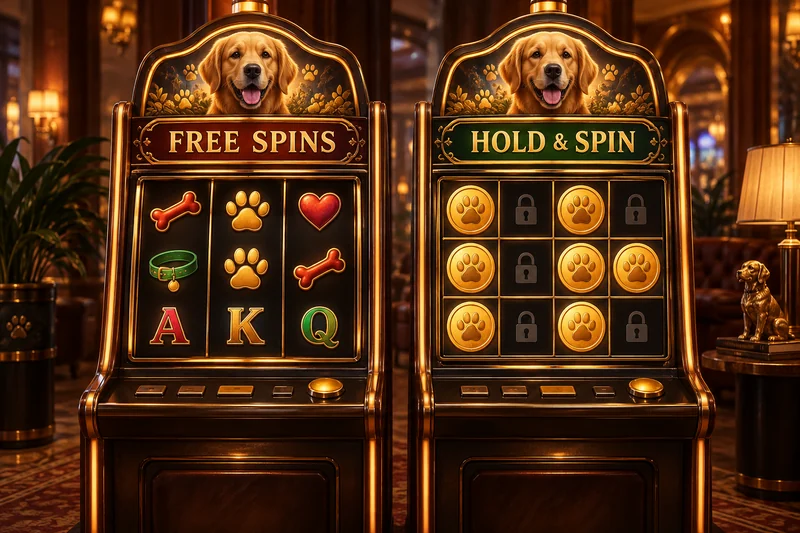 Two generic dog-themed slot displays are labelled Free Spins and Hold & Spin.